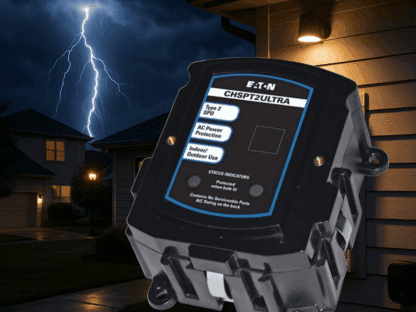 A whole-home surge protector overlaid in front of a home with a lightning strike in the distance.
