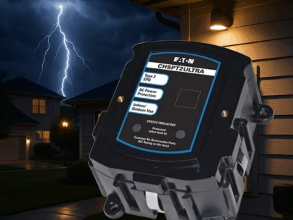 A whole-home surge protector overlaid in front of a home with a lightning strike in the distance.