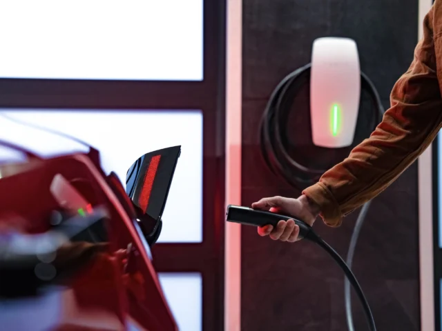 Level 2 Tesla EV charger installed in a home garage.