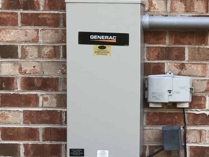 Outdoor Generac electrical panel mounted on a brick wall|||