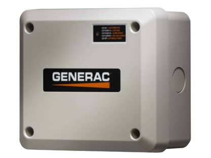A beige Generac electrical panel box with a black and orange logo and four LED status indicators on the top right.||