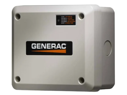A beige Generac electrical panel box with a black and orange logo and four LED status indicators on the top right.||
