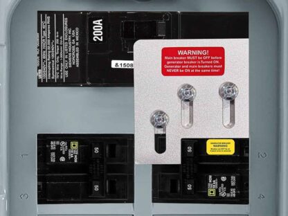 Close-up of an electrical panel with multiple switches||including a 200A switch. A warning sign advises turning off the main breaker before using a generator.