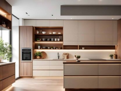 Modern kitchen with wooden cabinets||island