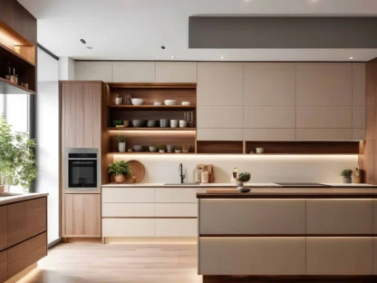 Modern kitchen with wooden cabinets||island