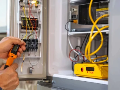 A person uses a handheld device to test wires in an electrical panel box||with various tools and a yellow voltmeter displayed.