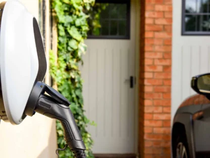 Premium EV Outlet plugged into the wall of a house to charge an electric car.||