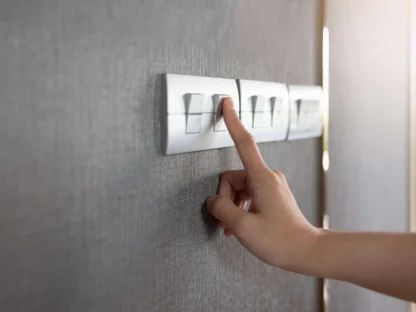 An image focusing on a hand turning off a light switch.||
