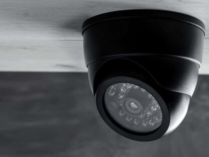 A home security camera attached to the ceiling of a house outside.||
