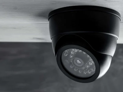 A home security camera attached to the ceiling of a house outside.||