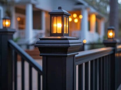 Close-up of a black lantern with a glowing light on a porch railing||with a blurred background of a house and additional lights in the evening.
