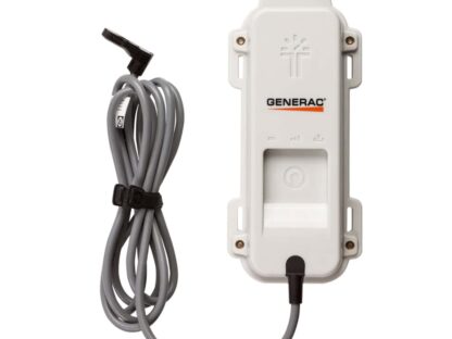 White Generac device with a cable wrapped around it||featuring a power button and indicator lights.