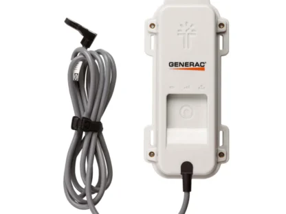 White Generac device with a cable wrapped around it||featuring a power button and indicator lights.