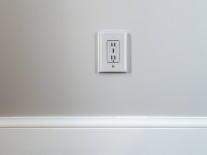A white electrical outlet on a light gray wall above a wooden floor.||